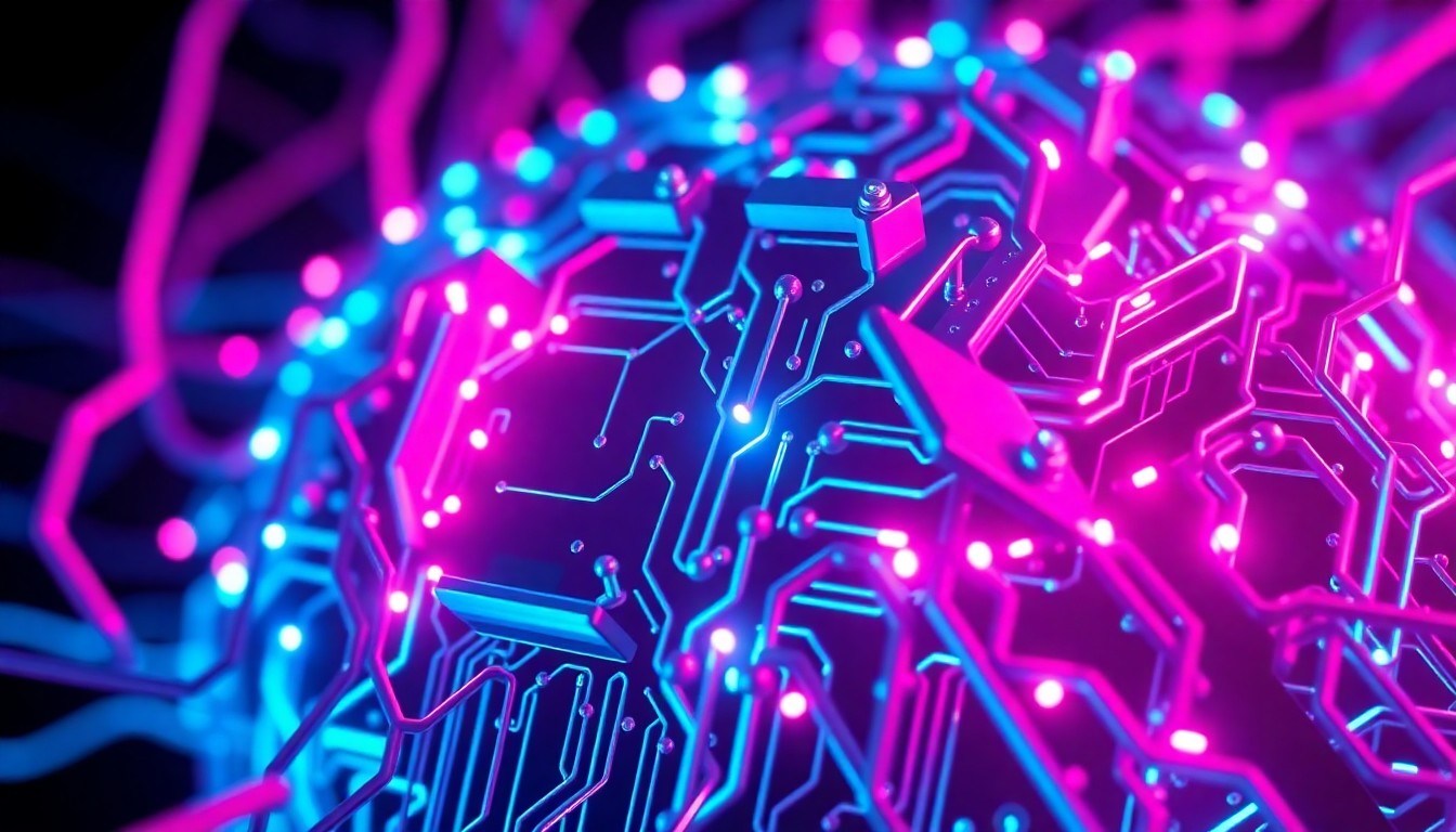 A highly detailed, glowing 3D illustration of a complex digital language learning model, with neon lights tracing the intricate cybernetic hardware, conceptually representing the intersection of artificial intelligence and the timeless human pursuit of mastering new forms of communication.