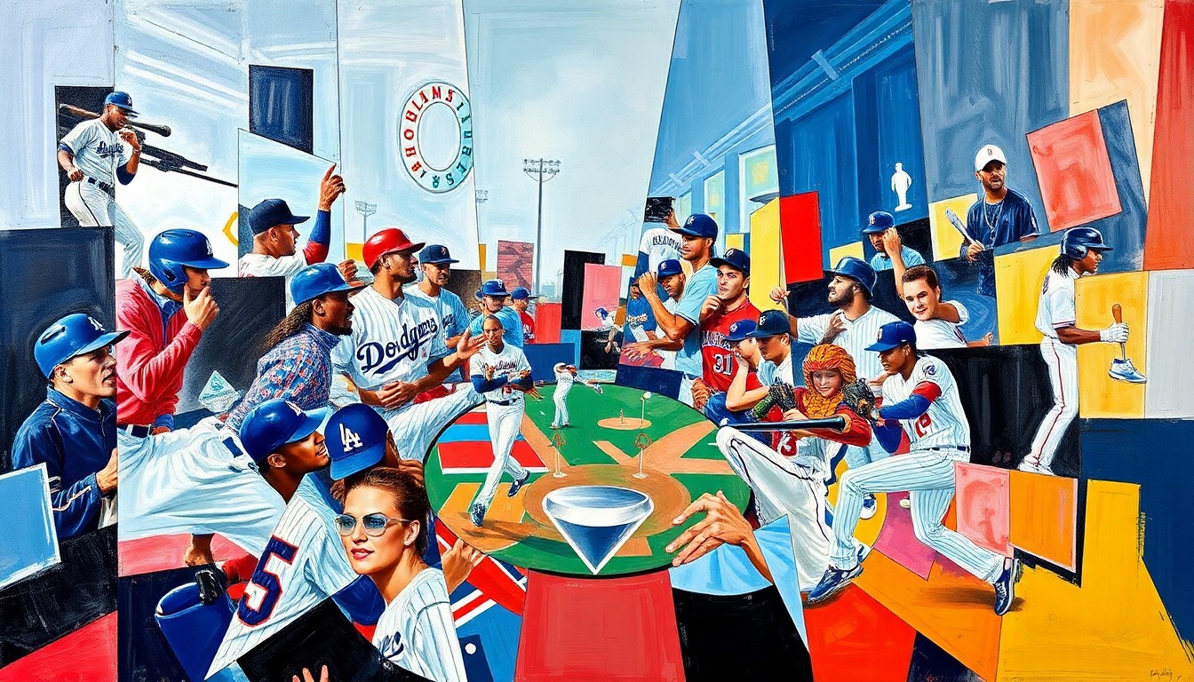 A fragmented, geometric painting depicting an intense baseball play, with players and the field deconstructed into sharp, overlapping shapes and planes, conveying the energy and excitement of the 2025 World Series.