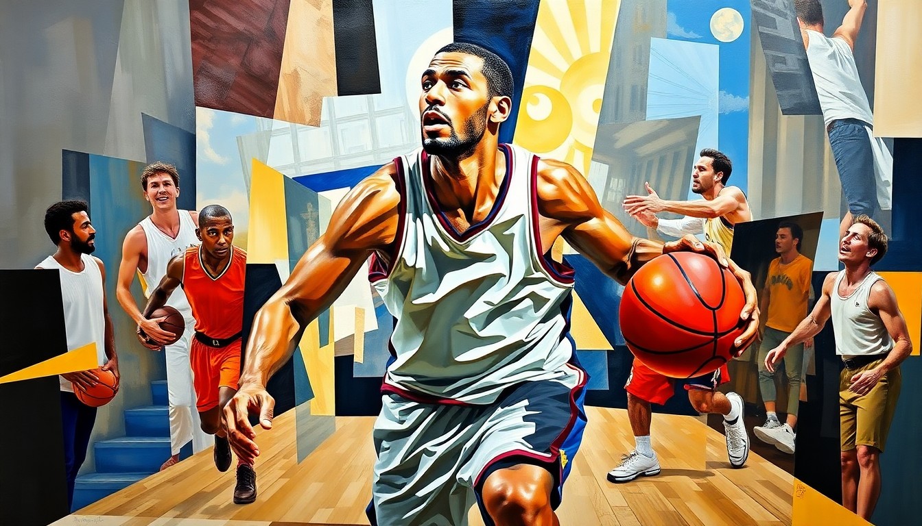 A cubist-style painting depicting a basketball player's movements and expressions broken down into sharp, overlapping geometric shapes and planes, conveying the disruption and uncertainty caused by Doncic's injury.