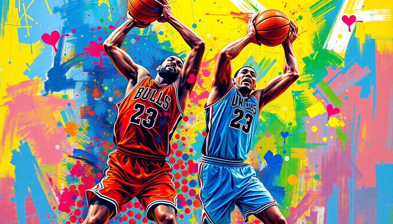 An abstract, expressionist painting in vibrant neon colors depicting two basketball players mid-dunk, their forms blending together in a dynamic, energetic composition that captures the raw athleticism and team chemistry of the Charlotte Hornets.