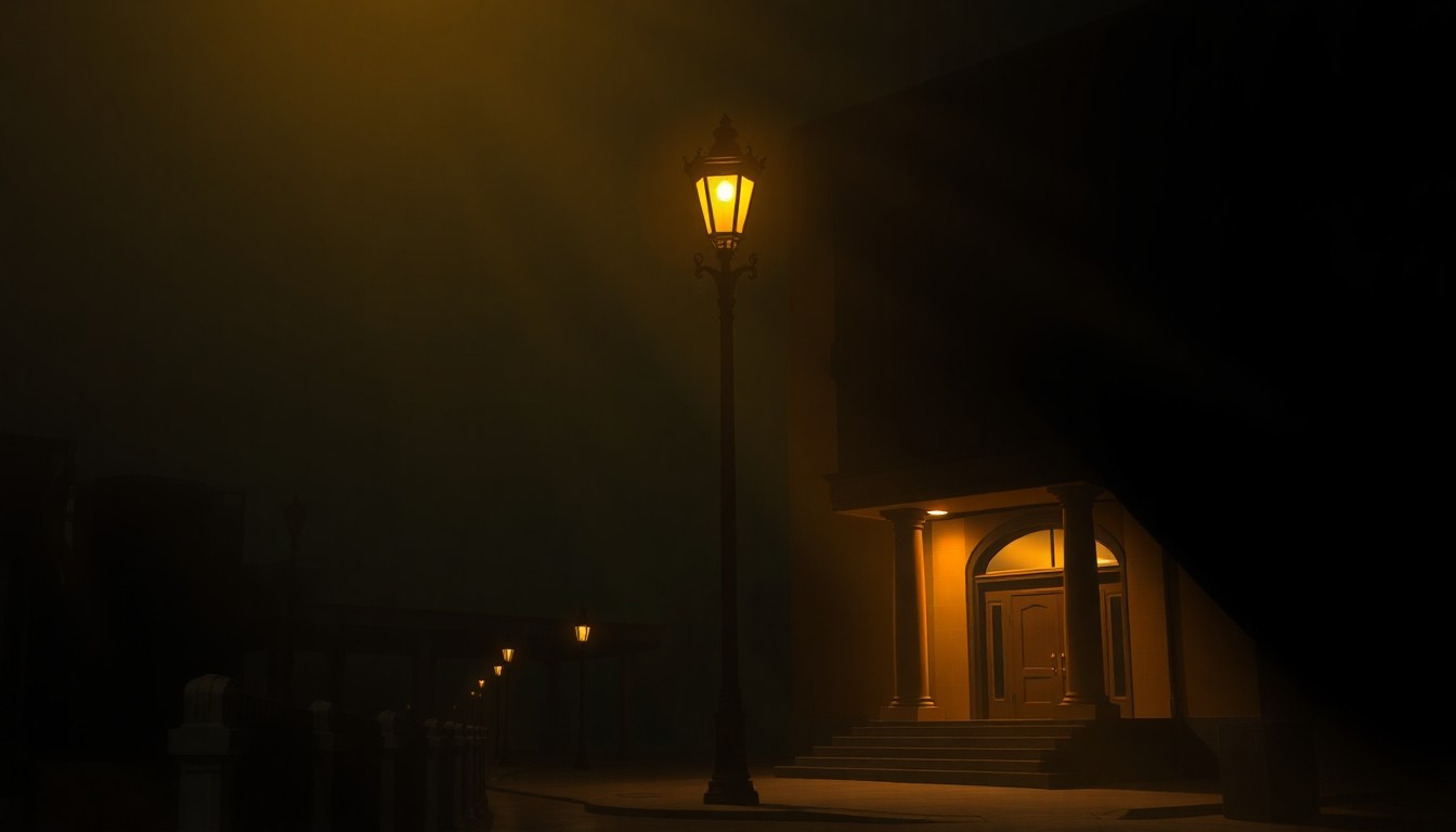 A serene, photorealistic painting of a lone Kansas City street lamp or city hall building, its surfaces illuminated by warm, angled sunlight and cast in deep, dramatic shadows, capturing the quiet, contemplative mood of the city's decision to renew its essential earnings tax.