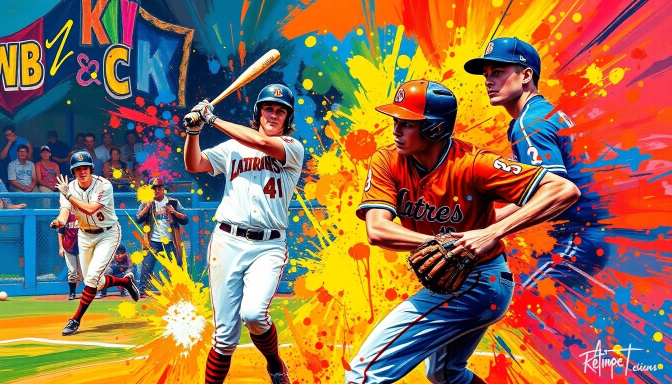 An extreme close-up of baseball players in motion, with their forms and uniforms dissolving into a vibrant, expressionist painting of neon colors and rapid brushstrokes, capturing the raw energy and action of the game.
