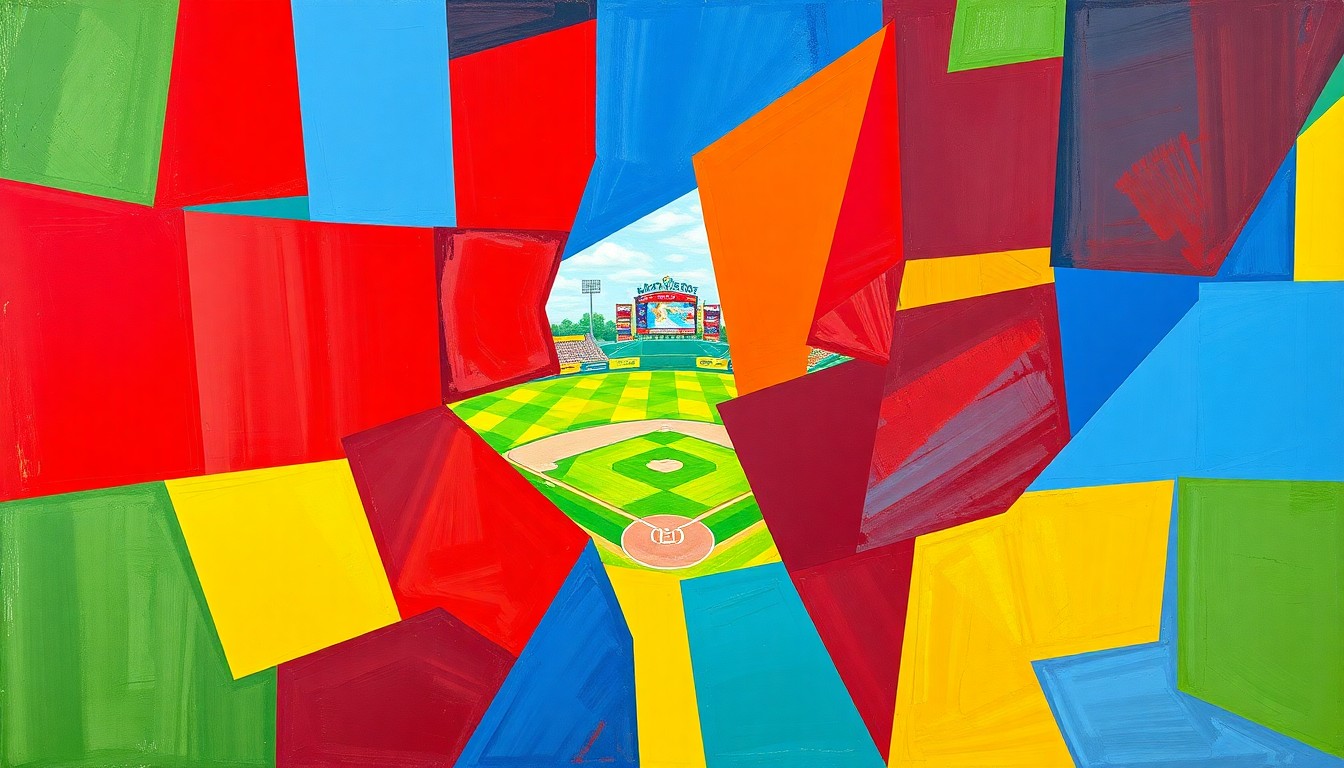 A vibrant, cubist-style painting depicting a college baseball game broken down into sharp, overlapping geometric shapes and planes of color, capturing the dynamic energy and action of the sport.