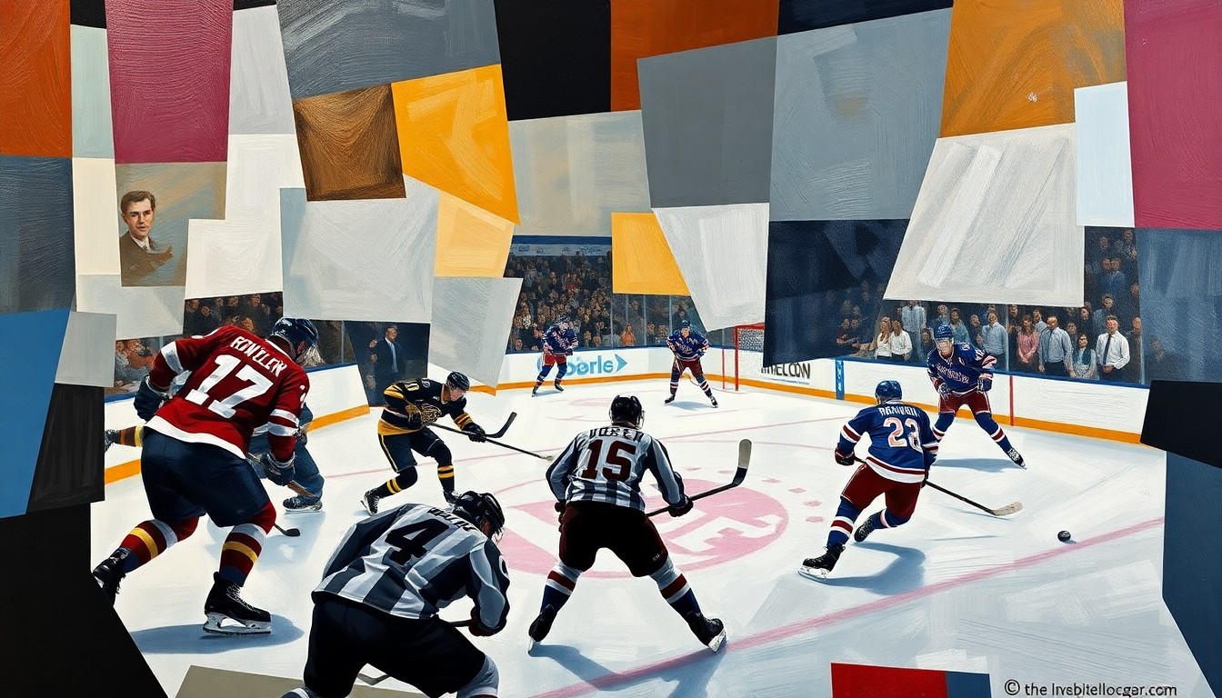 An abstract, cubist-style painting depicting a hockey game, with the players and action broken down into sharp, overlapping geometric shapes and planes, capturing the energy and movement of the sport.