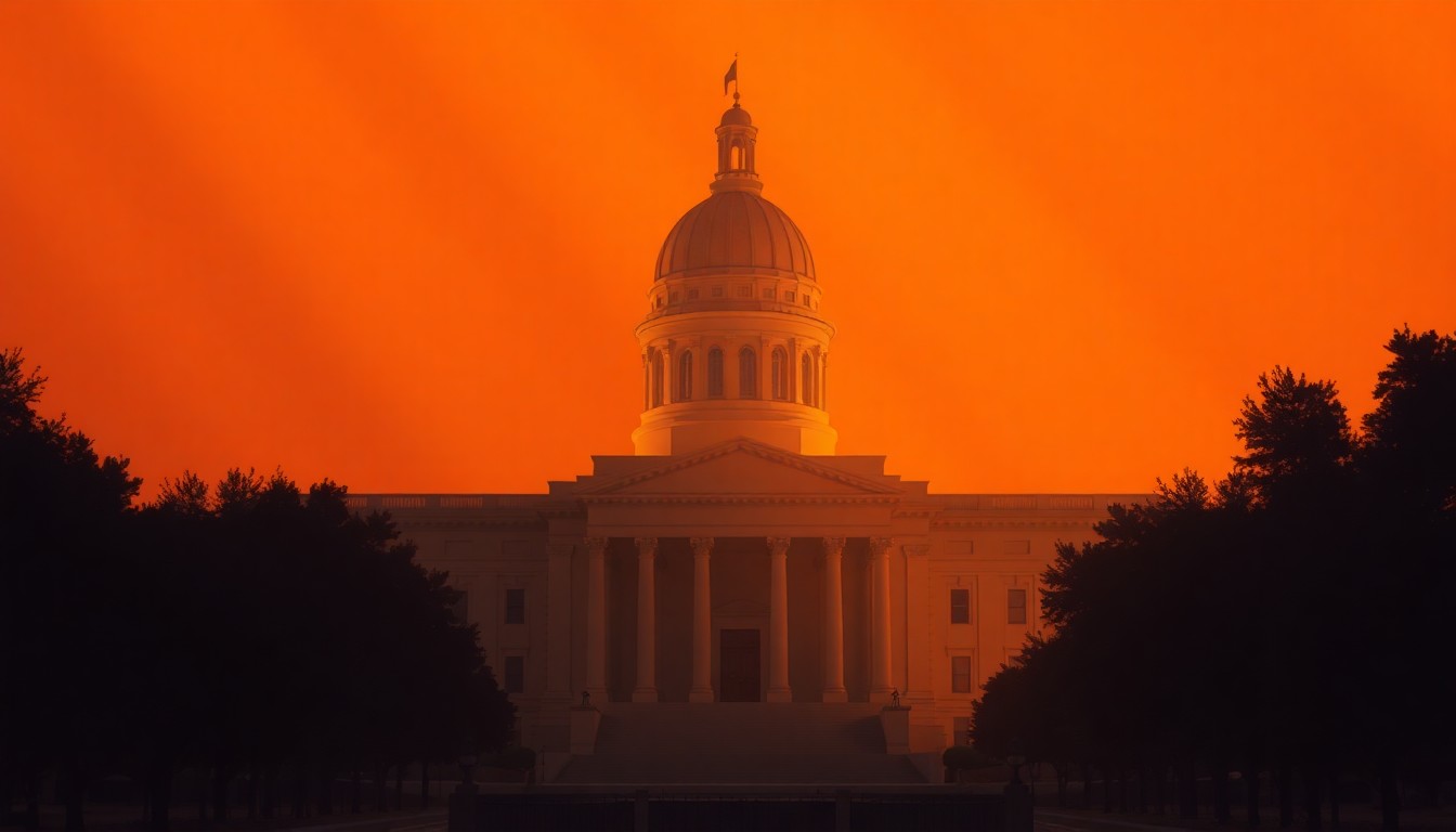 A photorealistic painting of the Arizona state capitol building in soft, warm light, with deep shadows and a sense of quiet contemplation, conveying the political opacity and undemocratic nature of the 'strike everything' legislative tactic.