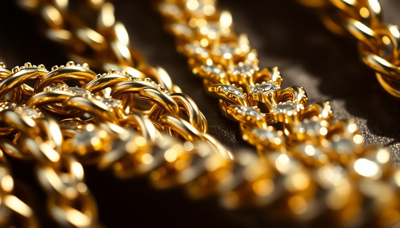 An extreme close-up photograph of a shiny metallic chain against a dark background, using dramatic studio lighting to create a high-contrast, glamorous texture that evokes the urban aesthetic of hip-hop music.