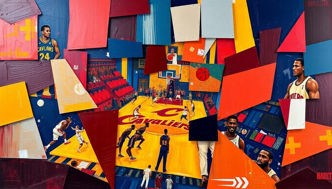 A fragmented, cubist-style painting depicting a basketball game, with the players and court broken down into sharp, overlapping geometric shapes in the Cavaliers' team colors of red, gold, and blue, conveying the importance of the team's interior defense.