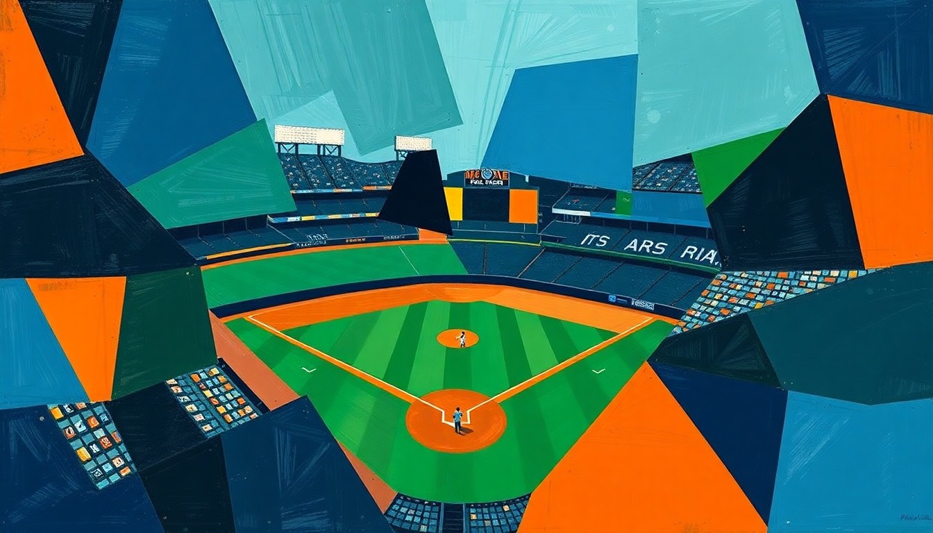 A dynamic, cubist-inspired illustration depicting a baseball game in motion, with players and the field fragmented into sharp, overlapping geometric shapes in a vibrant color palette, capturing the energy and intensity of the sport.