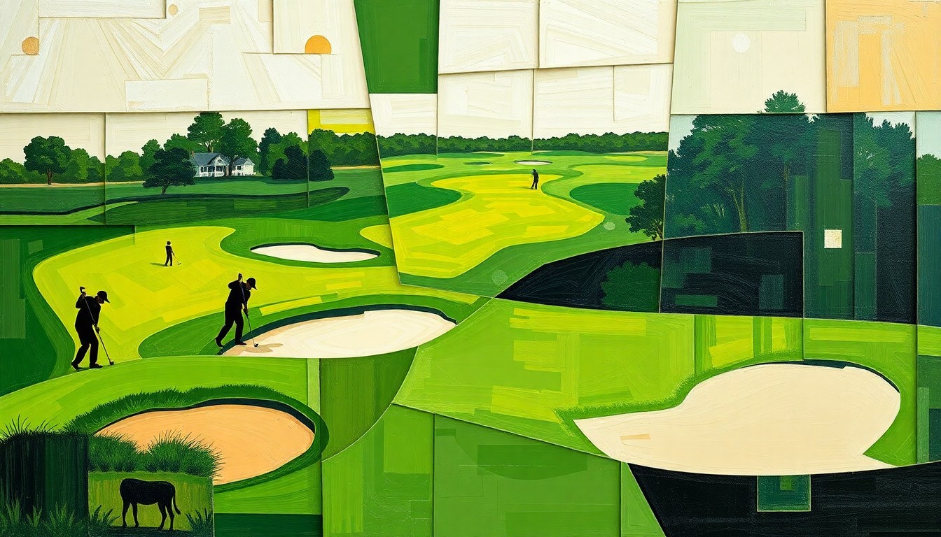 A cubist, geometric painting depicting a high school golf tournament, with overlapping planes of green fairways, sand traps, and shadowy player silhouettes, conveying the dynamic energy of the competition.