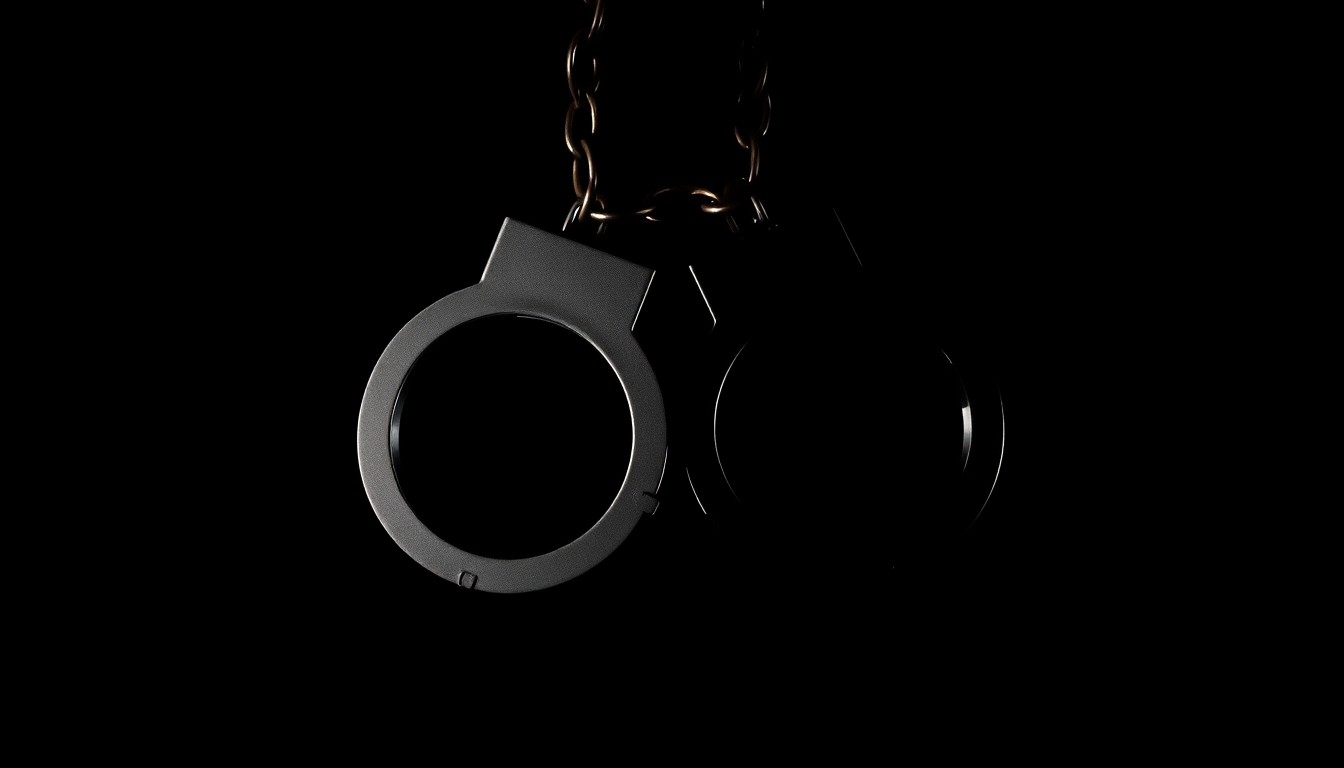 An extreme close-up photograph of a pair of handcuffs against a pitch-black background, conceptually illustrating the apprehension of a suspect through the use of emerging law enforcement technology.