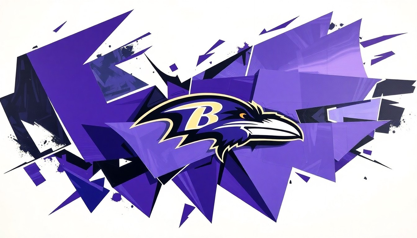 A fragmented, geometric painting in shades of purple, black, and white, conceptually representing the Ravens' updated uniform design through Picasso's cubist lens.