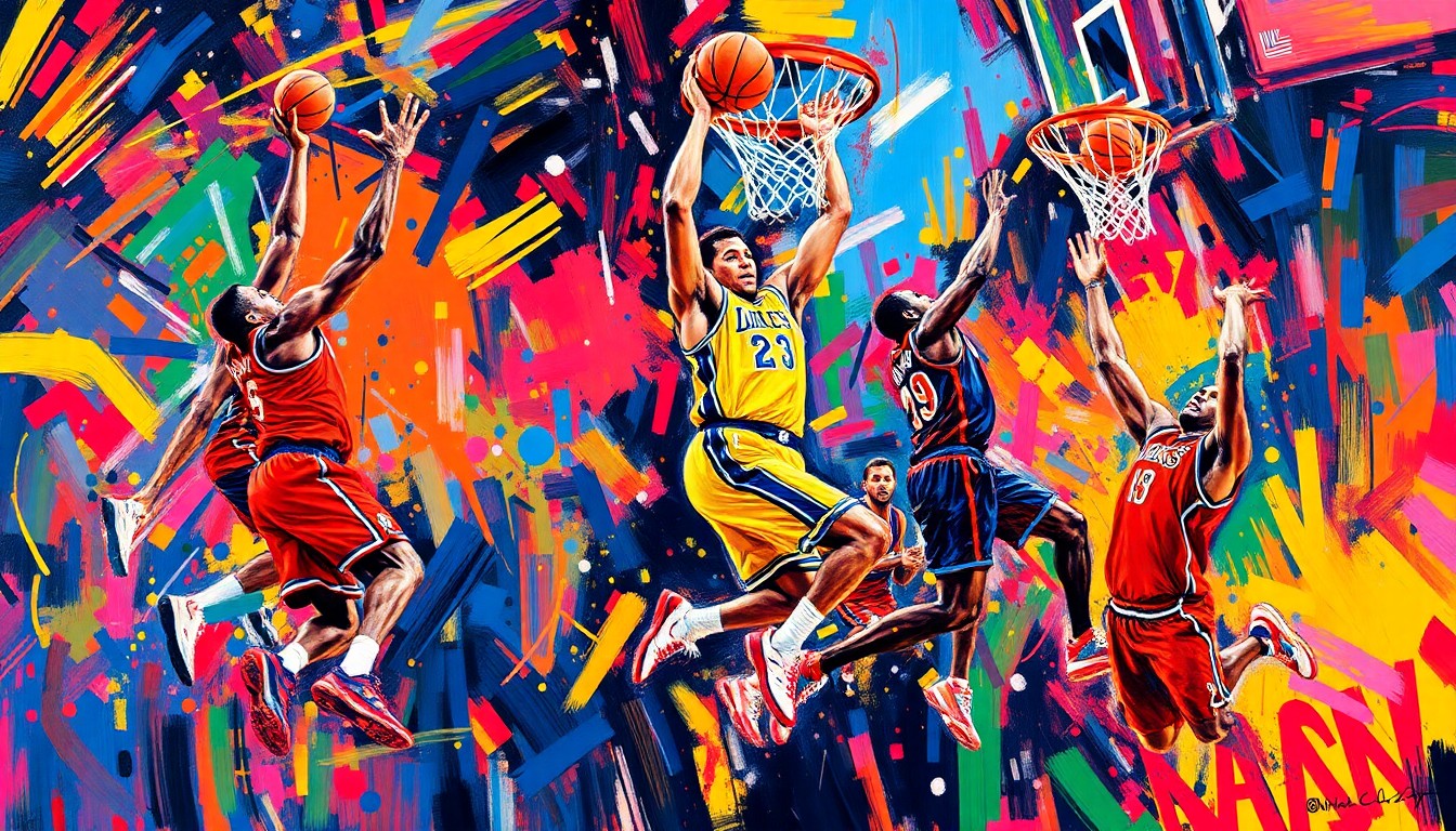 A dynamic, neon-colored painting depicting the explosive, mid-air movements of a professional basketball player executing a powerful dunk, conceptually representing the high-energy, gravity-defying athleticism of the new DUNKMAN league.