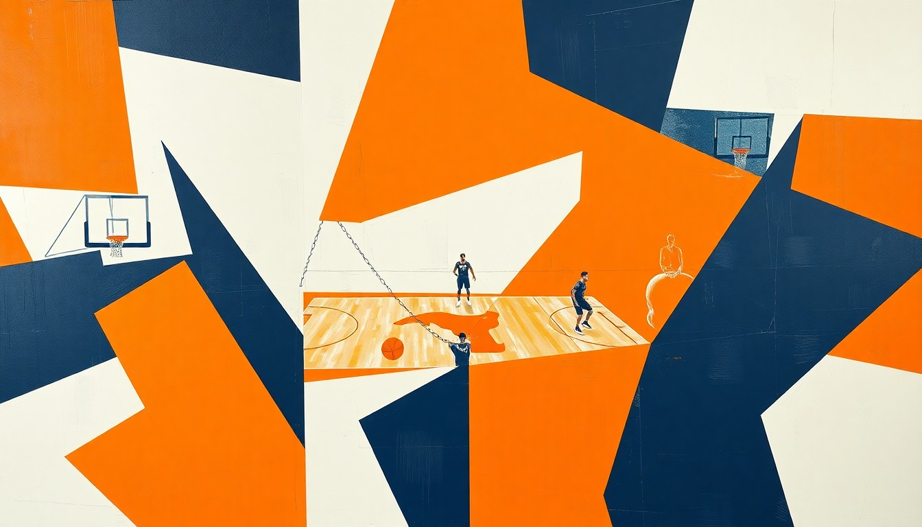 A cubist, geometric painting depicting fragmented, overlapping shapes and planes in the colors of the Tennessee Lady Volunteers basketball team, conceptually representing the changes and transitions within the program.