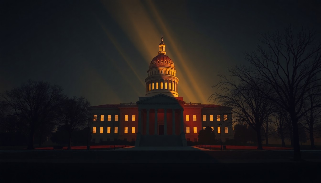 A photorealistic painting of a state capitol building in warm, golden light, with deep shadows casting dramatic angles across the facade, conveying a sense of quiet contemplation about the political process.