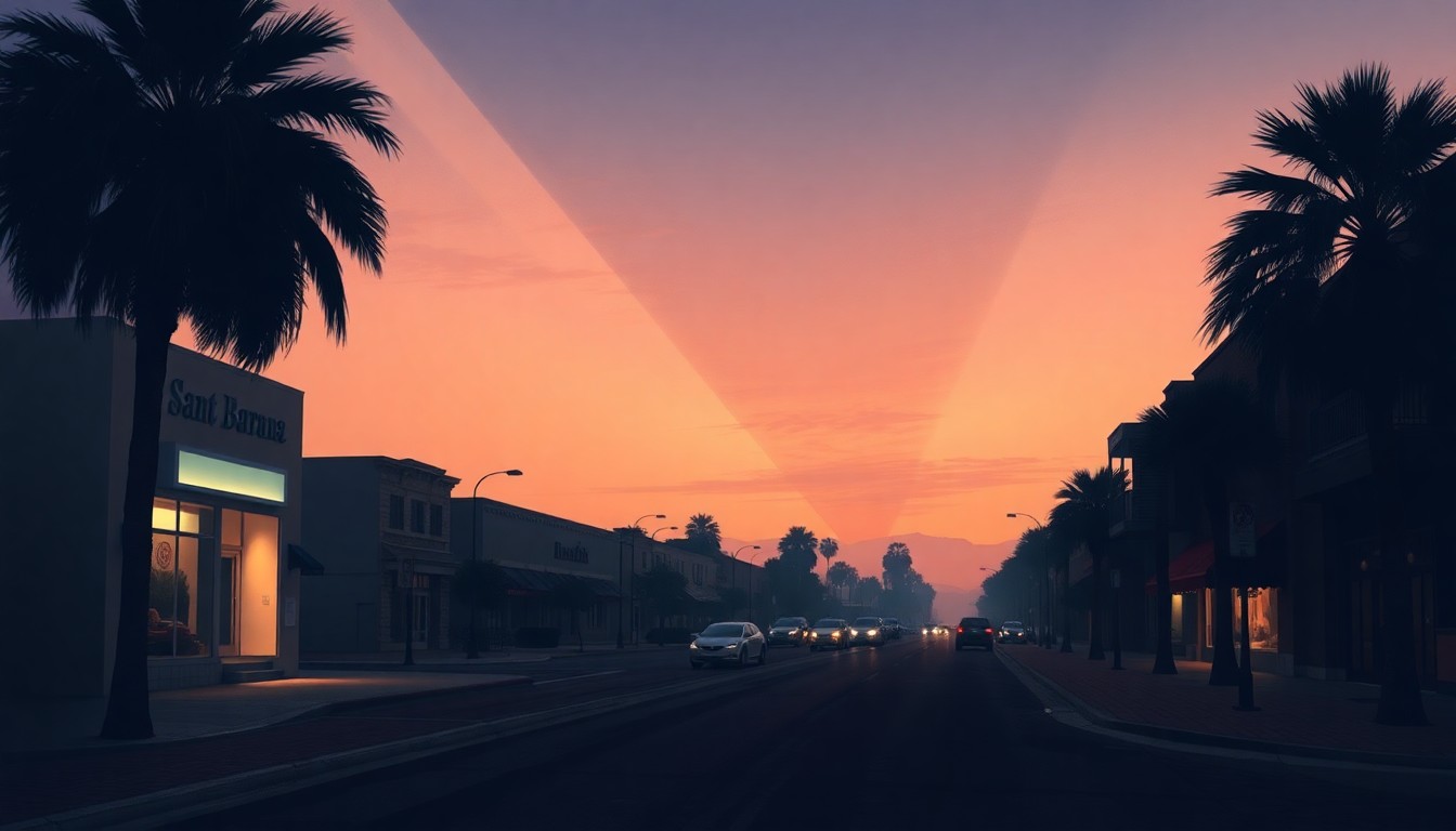 A serene, cinematic painting of a deserted Santa Barbara street at dusk, with warm sunlight casting long shadows across the pavement and buildings. The scene conveys a sense of quiet contemplation, reflecting the complex issues at the heart of the city's rent stabilization discussions.