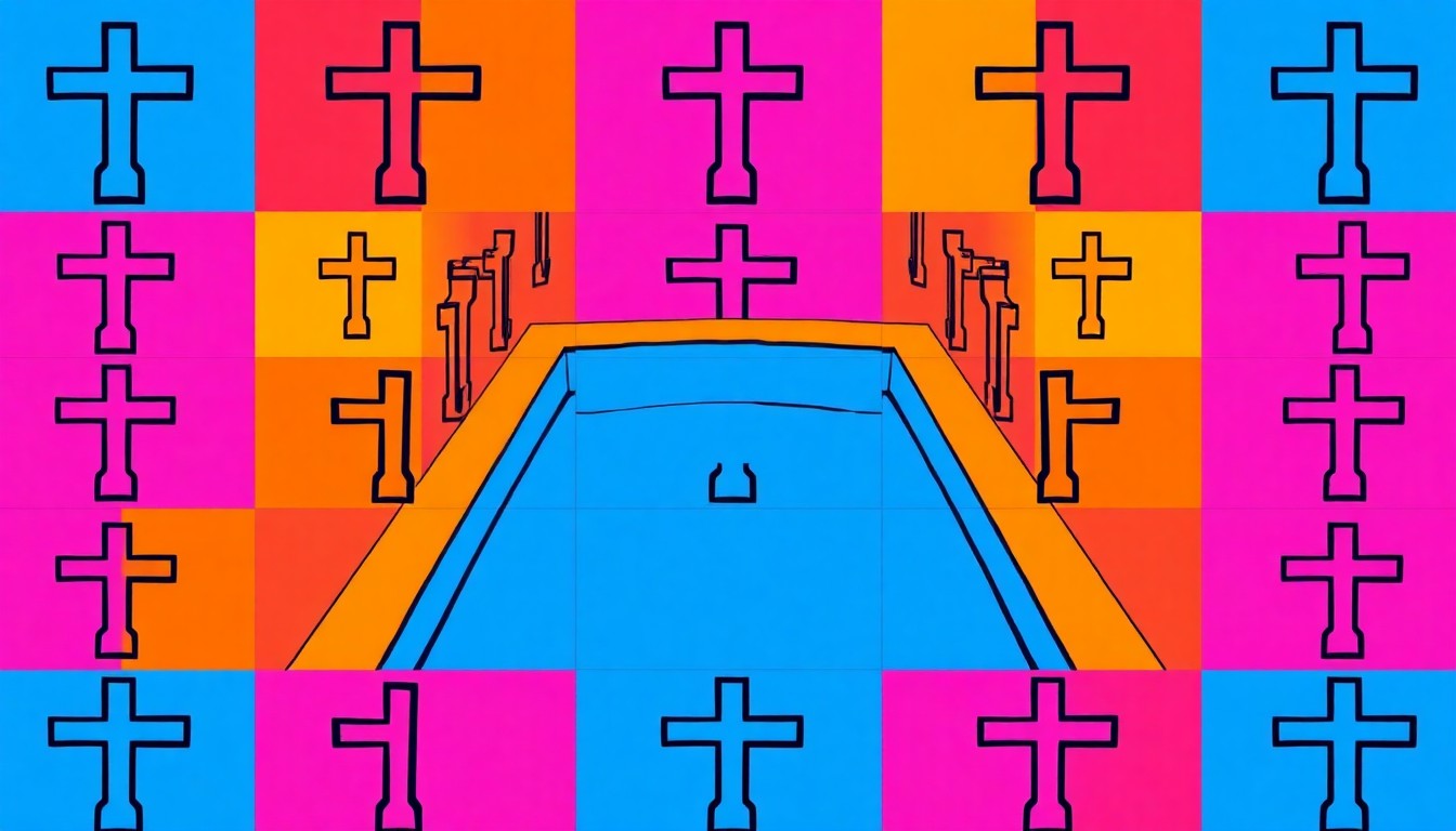 A brightly colored, high-contrast silkscreen print of a simple wooden cross repeated in a tight grid pattern, capturing the symbolic significance of the religious ritual of baptism in an abstract, pop art style.