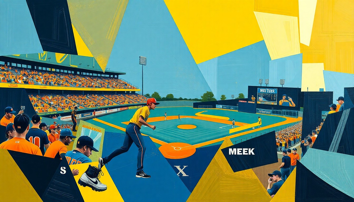 A fragmented, geometric painting depicting a high school baseball game, with overlapping planes of navy blue, gold, orange, and black representing the competing teams.