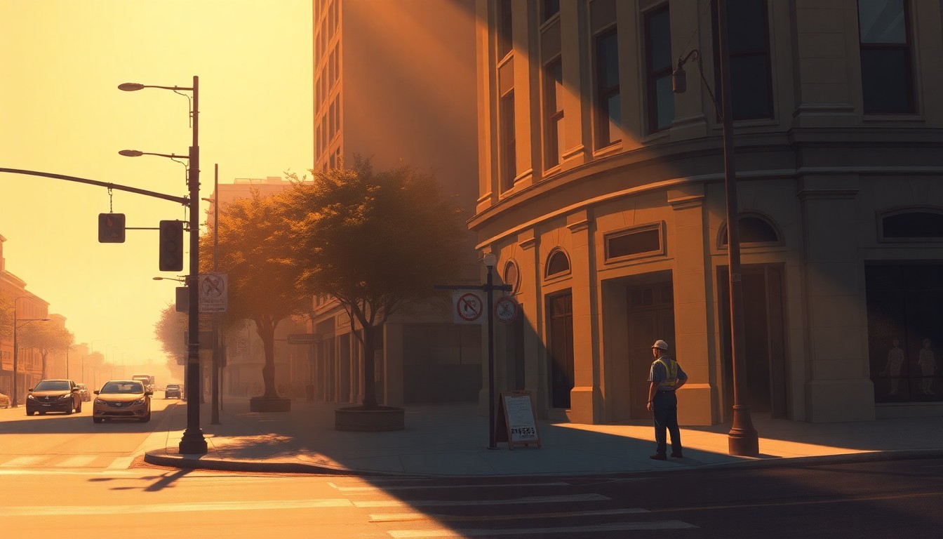 A realistic oil painting of a San Diego city street corner, with a lone municipal worker standing near a government building bathed in warm sunlight and deep shadows, conveying a sense of quiet contemplation and political tension.
