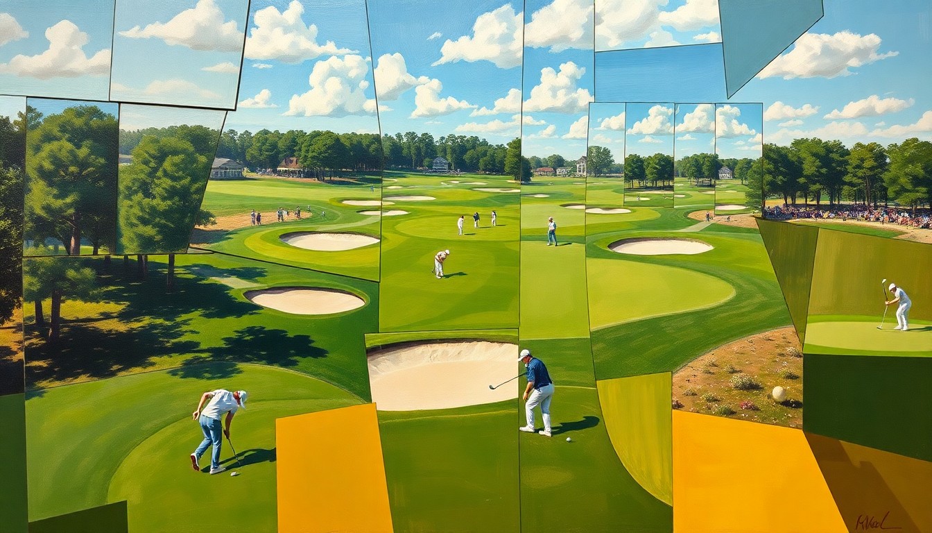 A cubist, geometric painting depicting a college golf tournament, with overlapping planes of green fairways, sand traps, and golfers in motion, conveying the energy and competition of the event.