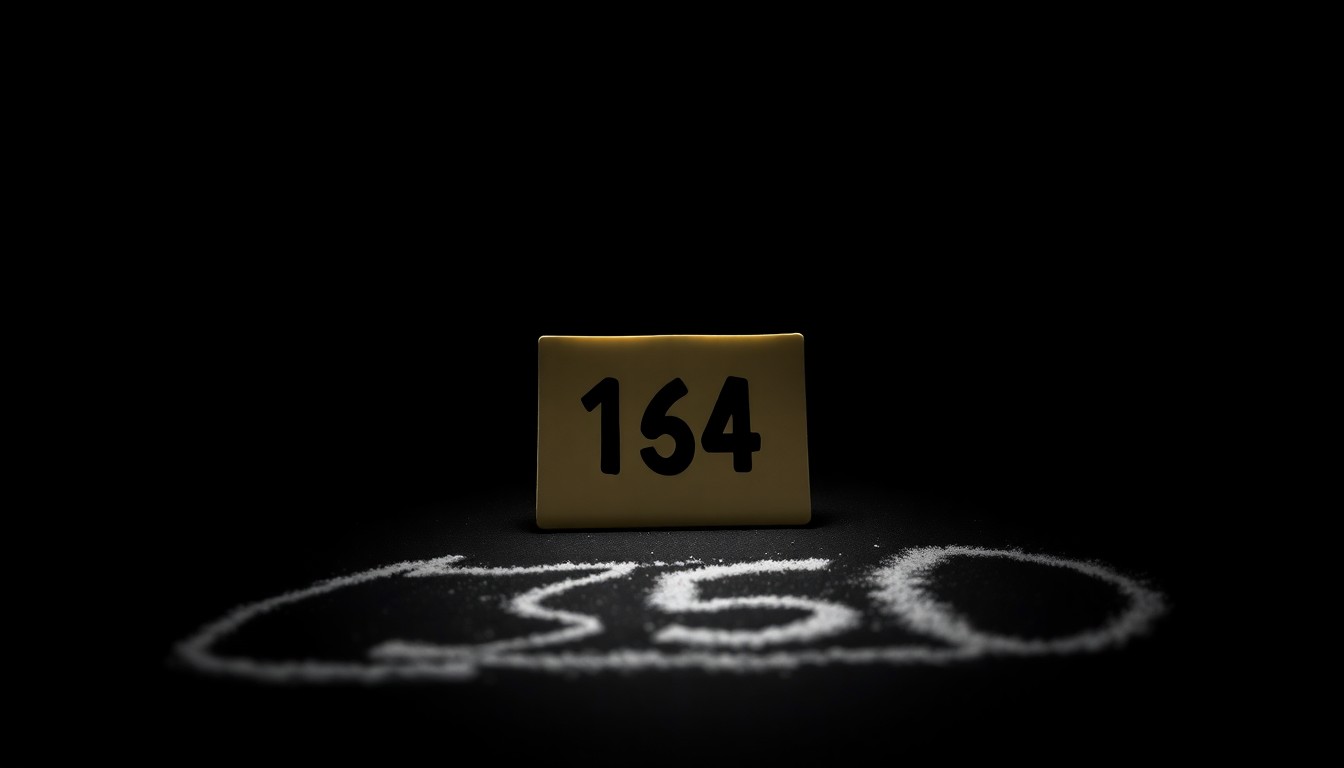 An extreme close-up photograph of a single police evidence marker, such as a numbered placard or chalk outline, lit by a harsh, direct camera flash against a pitch-black background, creating a stark, gritty, investigative aesthetic that conceptually illustrates the aftermath of a violent crime.