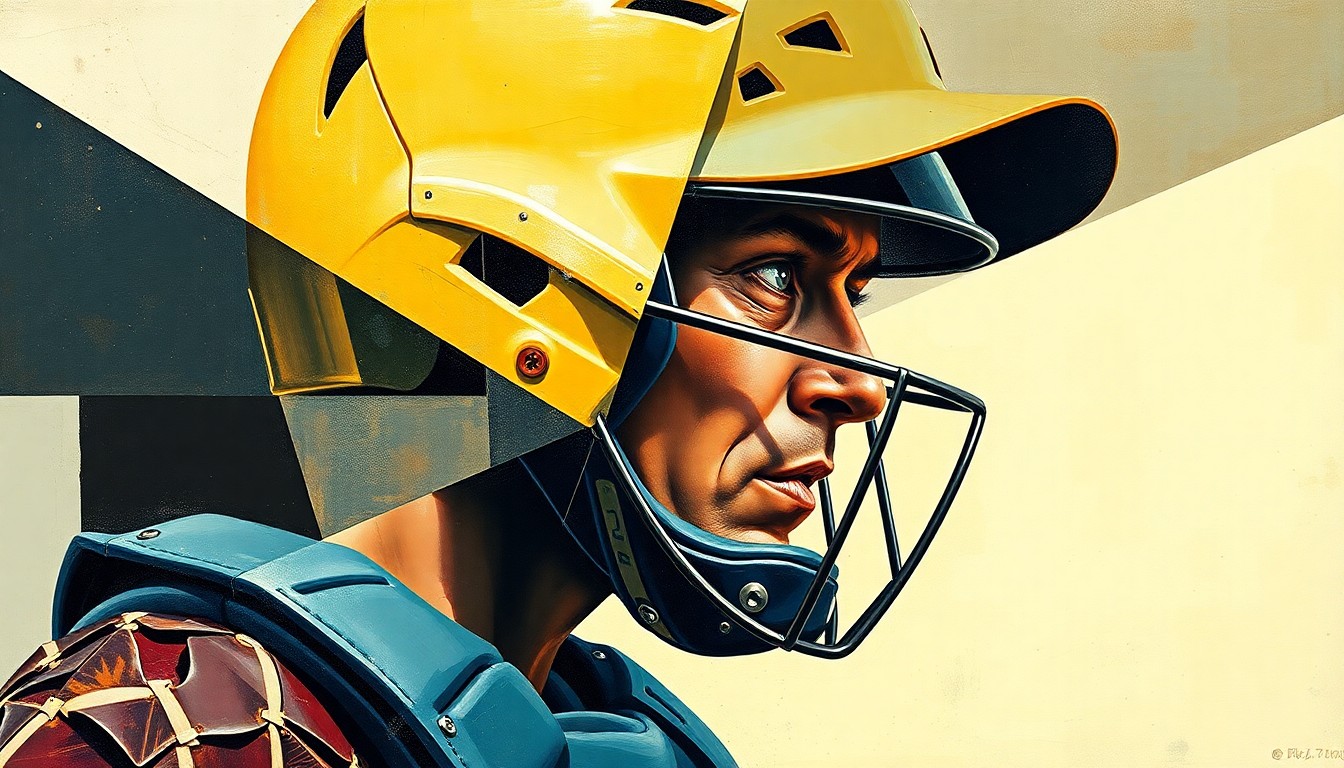 A cubist-style painting depicting a baseball catcher's gear and equipment broken down into sharp, overlapping geometric shapes and planes, conceptually representing the fragility of the Phillies' roster.