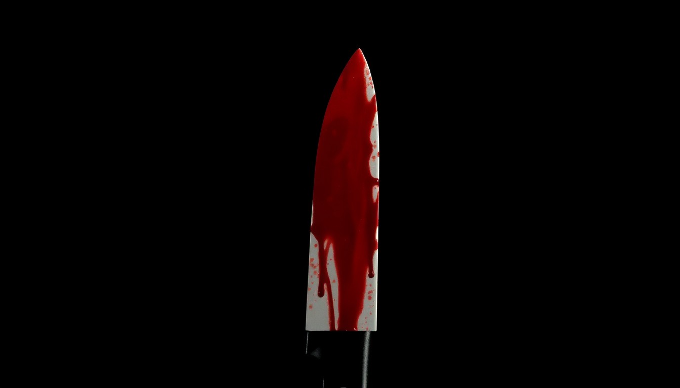An extreme close-up of a bloodied knife, the harsh flash lighting creating a stark, gritty, investigative aesthetic without revealing any graphic details.