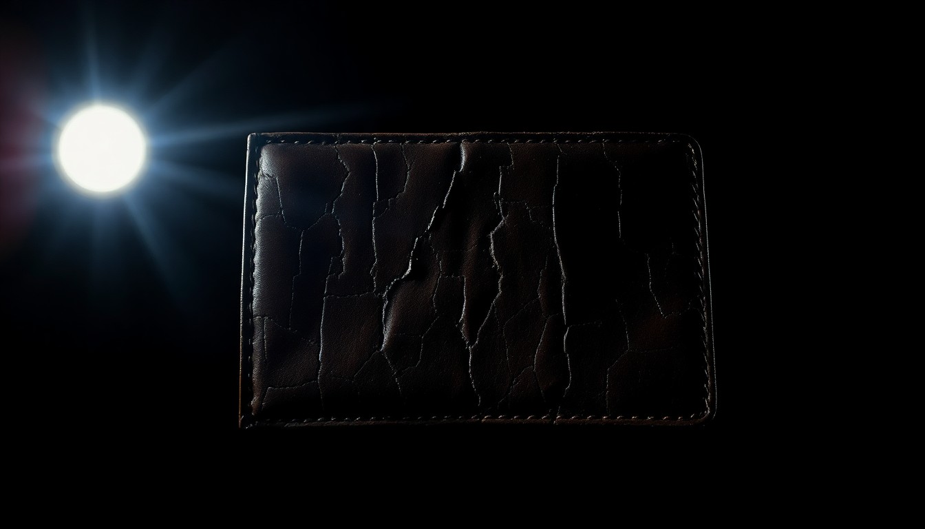 An extreme close-up photograph of a cracked and worn leather wallet, lit by a harsh, direct camera flash against a pitch-black background, conceptually representing the investigative efforts to locate a missing person.