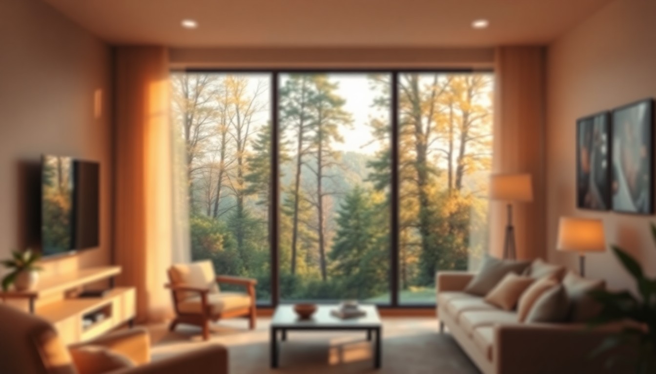 A softly focused, impressionistic photograph depicting a cozy living room with a large window overlooking a lush, wooded landscape, conveying a sense of peaceful, nature-inspired living.