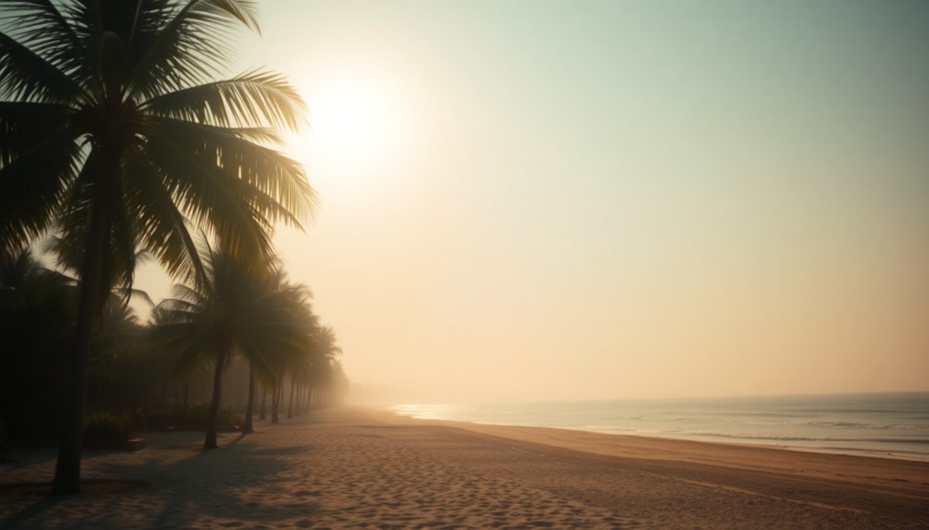 An abstract, impressionistic photograph in soft, warm tones depicting a blurred coastal scene with palm trees, sandy beaches, and a distant horizon, conveying a sense of relaxation and escape.
