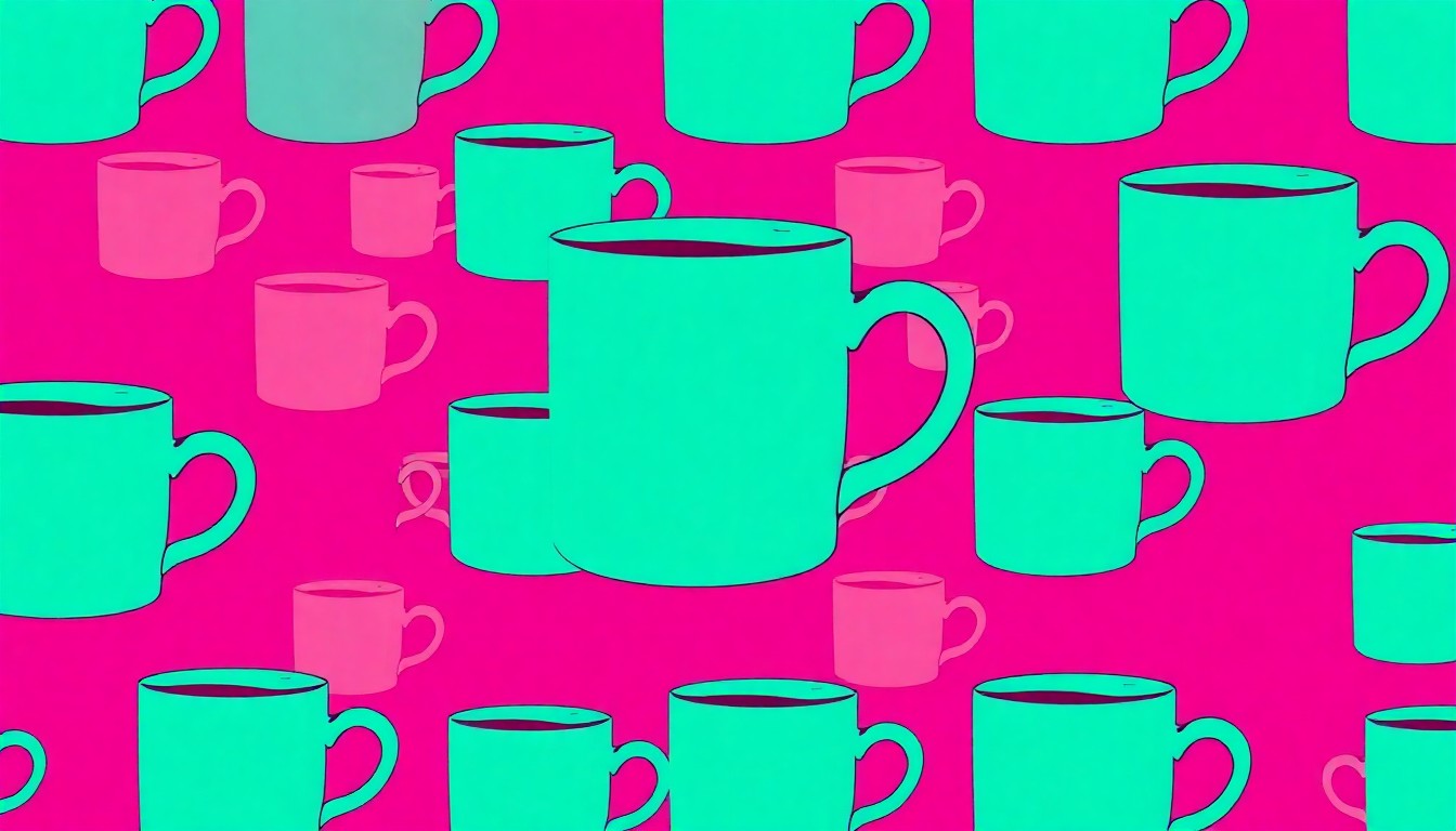 A high-contrast silkscreen print of a single, iconic household item like a coffee mug or vase, repeated in a tight grid pattern with flat, vibrant neon colors and heavy black outlines, conceptually representing the blend of historic character and contemporary style in a Covington home.