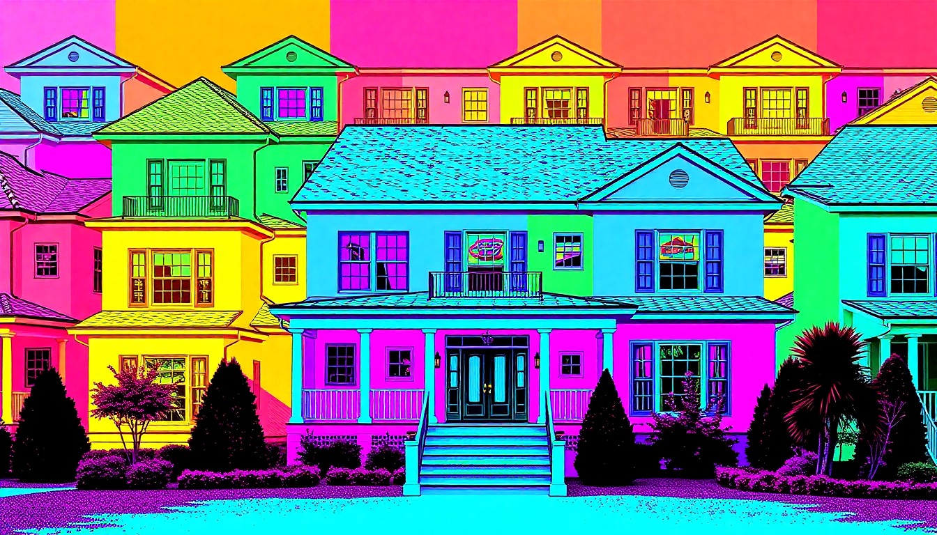 A high-contrast, silkscreen-style illustration of a large, two-story luxury home exterior repeated in a grid pattern, using vibrant neon colors and bold black outlines to capture the modern, pop art aesthetic of the property.