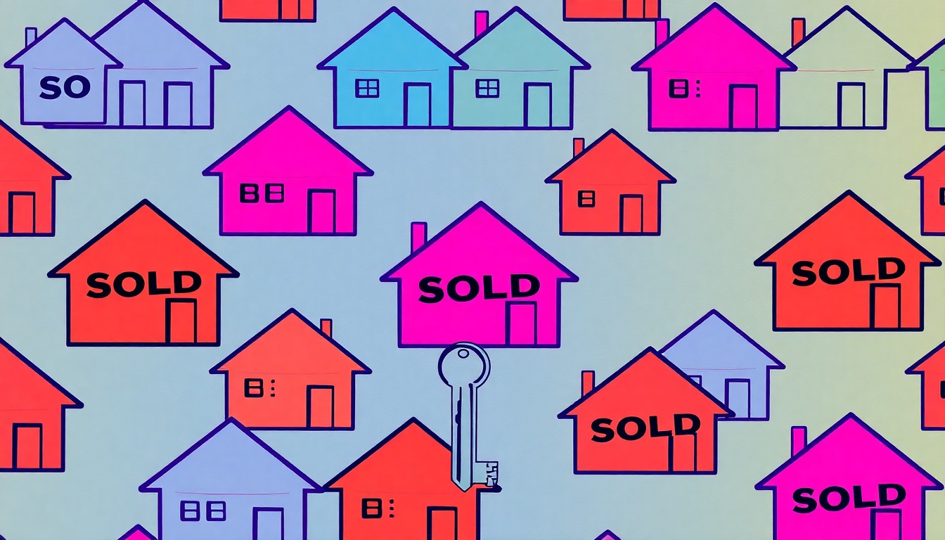 A brightly colored, high-contrast silkscreen print of a single, iconic house shape repeated in a tight grid pattern, utilizing flat, vibrant, and unnatural neon color palettes overlapping with heavy black photographic outlines to turn the everyday real estate element into modern pop art.