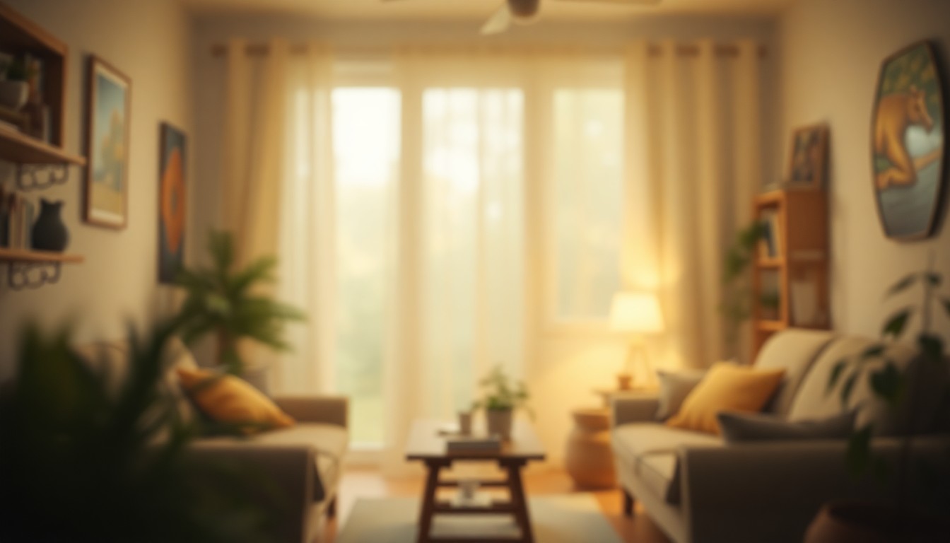 An abstract, out-of-focus photograph in warm, earthy tones depicting the interior of a cozy living space, with hints of natural light and texture creating a sense of domestic comfort and relaxation.
