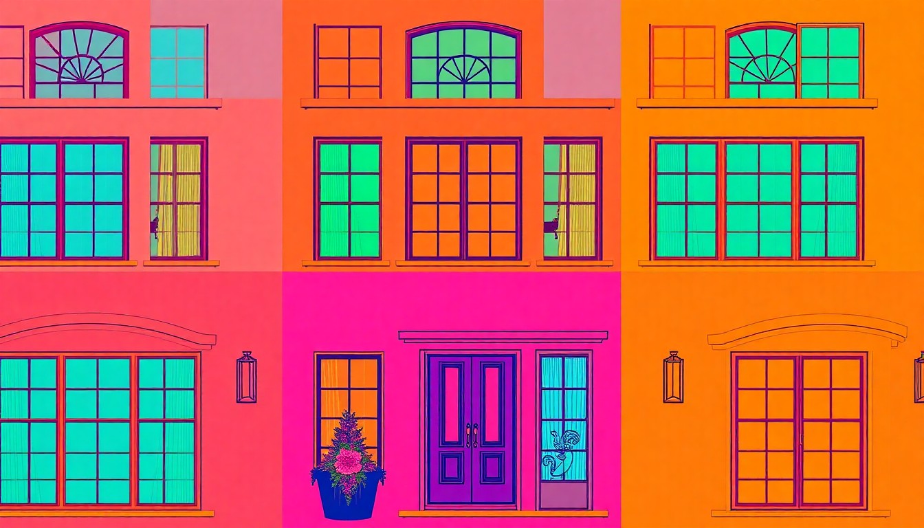 A brightly colored, high-contrast silkscreen print of a single, iconic luxury home exterior feature repeated in a tight grid pattern, capturing the refined yet bold aesthetic of this new Scarsdale property.