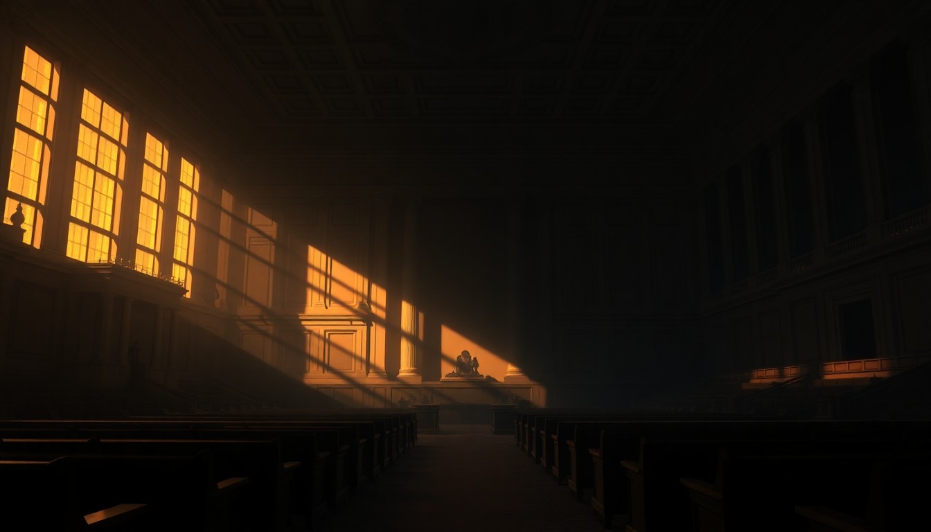 A moody, cinematic painting of an empty, shadowy legislative chamber, conveying a sense of political tension and unease through the use of dramatic lighting and an understated, nostalgic style.