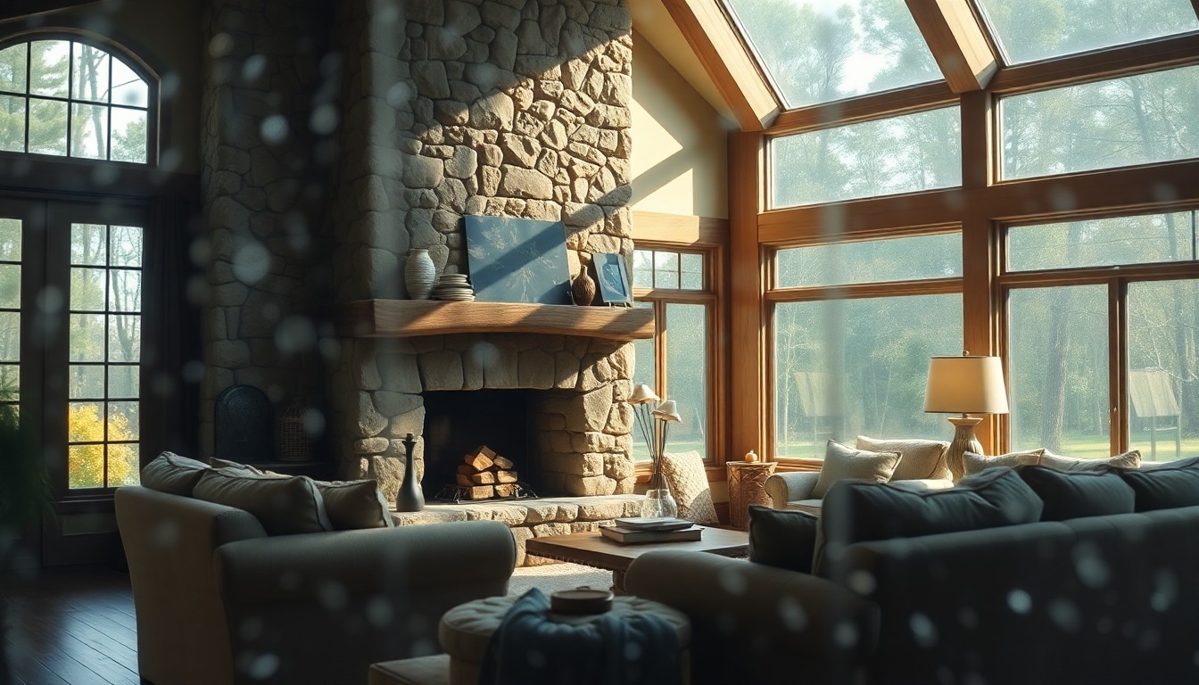An extremely abstracted, out-of-focus photograph of a warm, inviting living room with a large stone fireplace, soft lighting, and plush furniture, captured through a rain-streaked window and conveying a sense of cozy, timeless elegance.