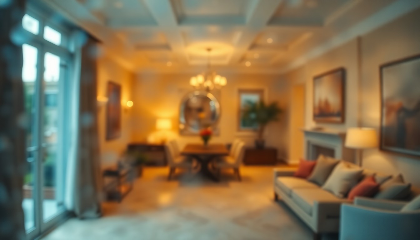 An abstract, impressionistic scene of soft, blurred light and color, evoking the warm, inviting atmosphere of a high-end residential interior.