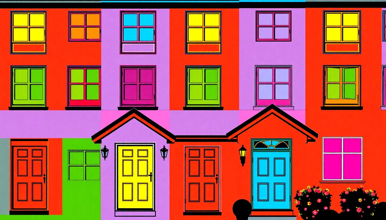 A high-contrast, silkscreen-style illustration featuring a repeated pattern of a single architectural element from the home's exterior, such as a window or front door, rendered in a bold, neon color palette.