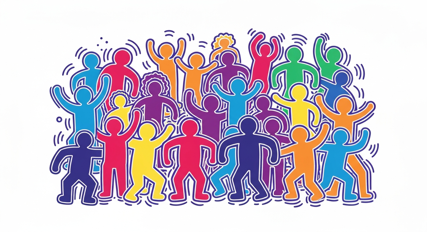 A minimalist illustration in the style of Keith Haring, depicting a group of stylized human figures in vibrant neon outlines gathered together, conveying a sense of community, inclusion, and wellness.