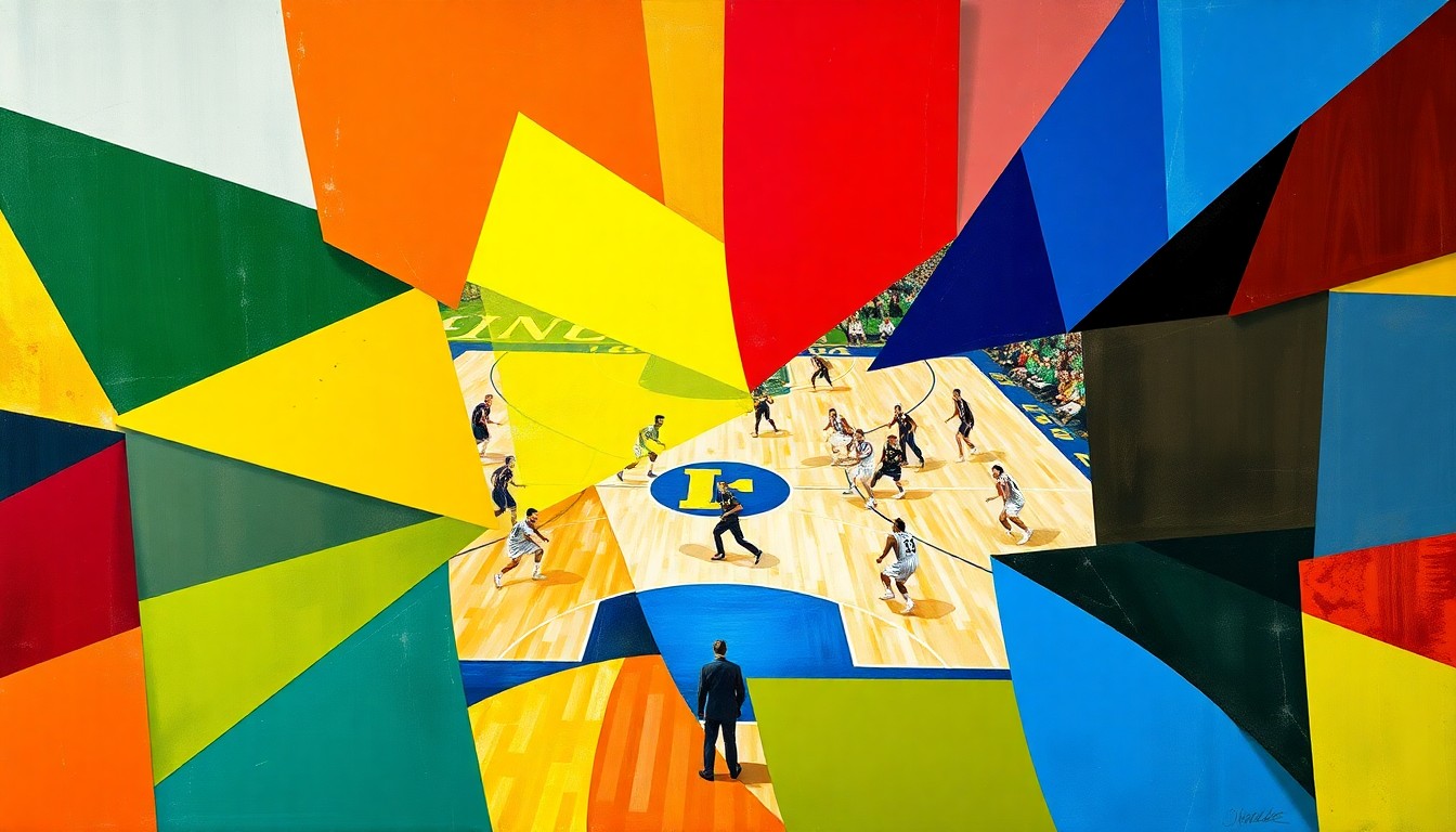 A cubist, geometric painting depicting a fragmented college basketball court and players, with sharp overlapping planes of vibrant colors representing the team's uniforms and the chaotic energy of the game.