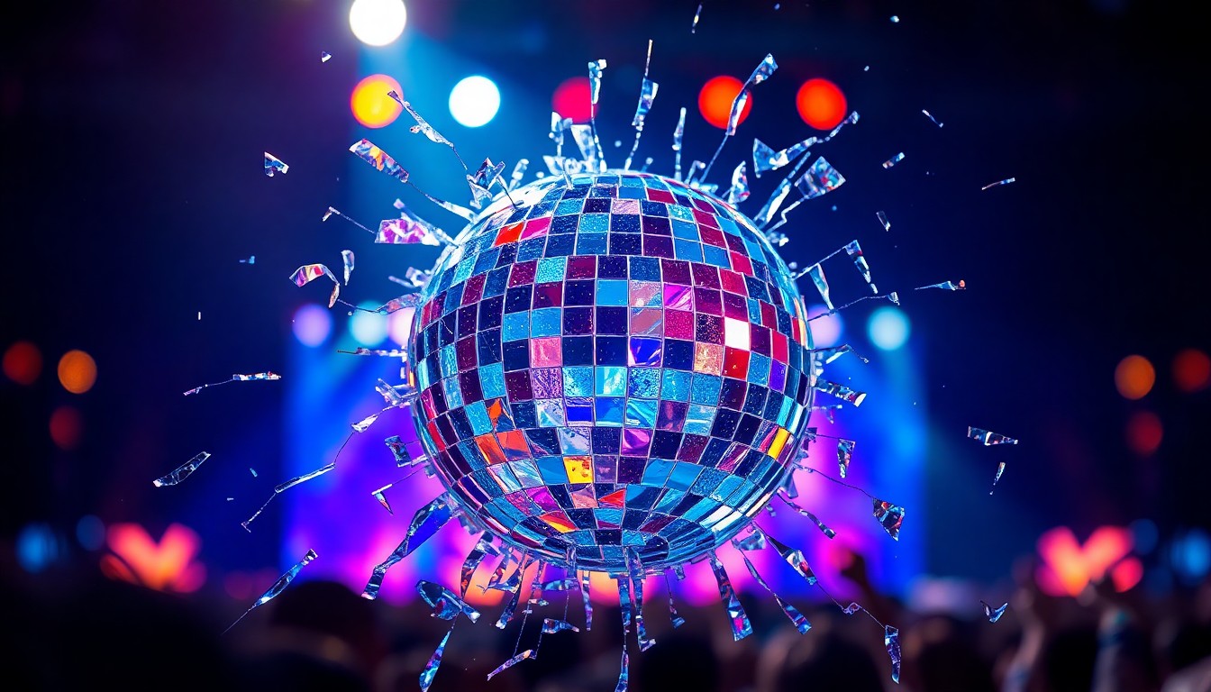 An abstract close-up image of shattered, glittering glass reflecting colorful stage lights, conveying the high-stakes glamour and risk of a major music festival performance.