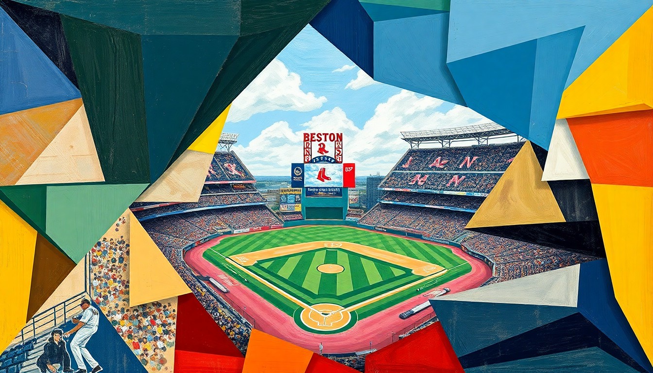 A cubist-style painting depicting a baseball game in a fractured, multi-perspective manner, with sharp, overlapping geometric shapes representing the players, field, and action.