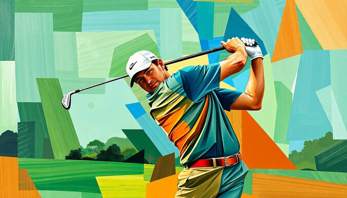 A cubist, geometric painting depicting Bryson DeChambeau's powerful golf swing broken down into overlapping planes of color, conceptually representing his unorthodox playing style.