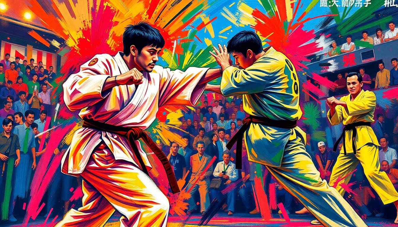 An abstract, energetic painting with bold, neon-colored brushstrokes capturing the dynamic movements and competitive spirit of karate competitors at a tournament.