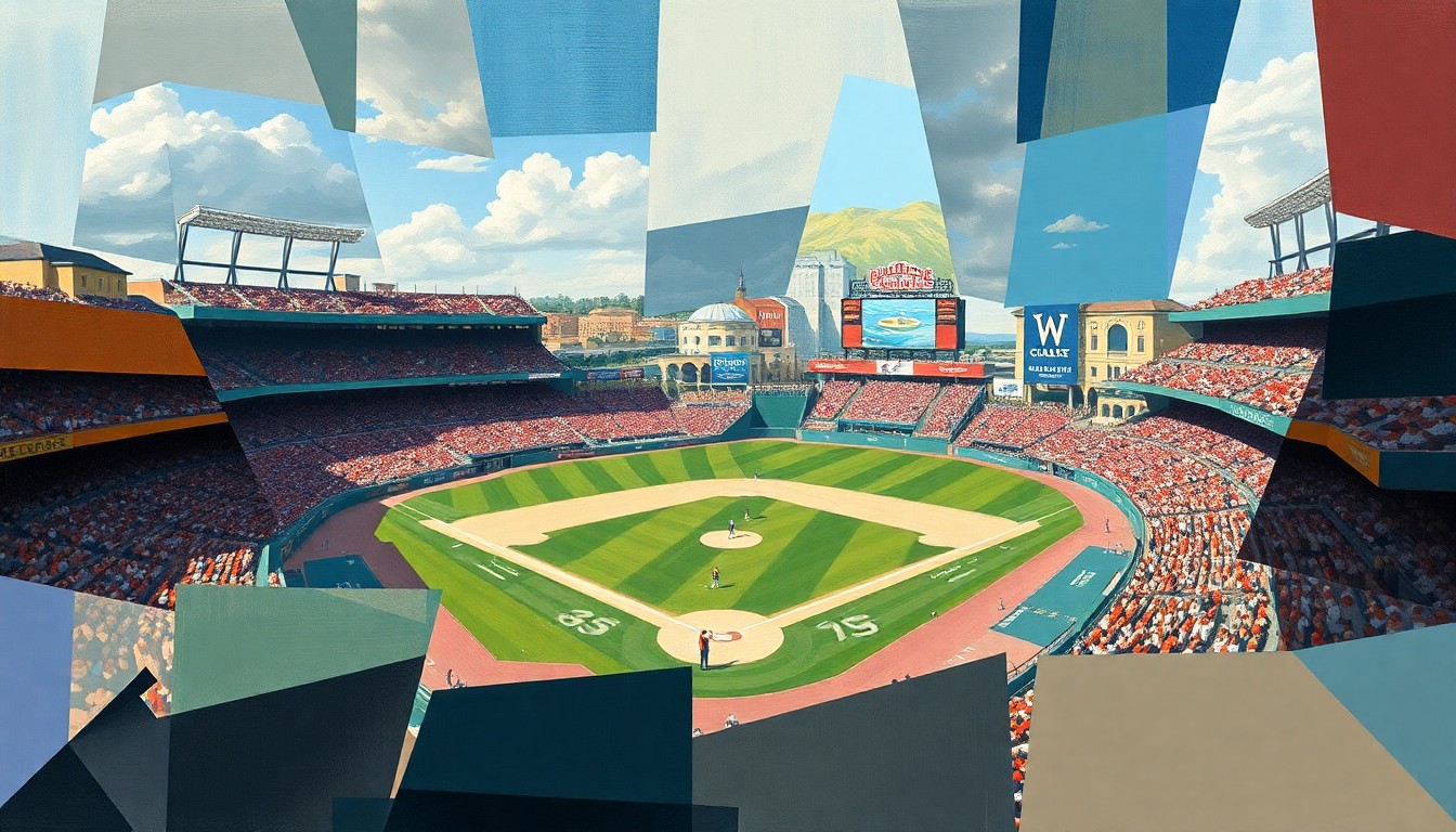 A cubist, geometric painting depicting the dynamic action of a college baseball game, with players and the field fragmented into overlapping planes of color and shape.