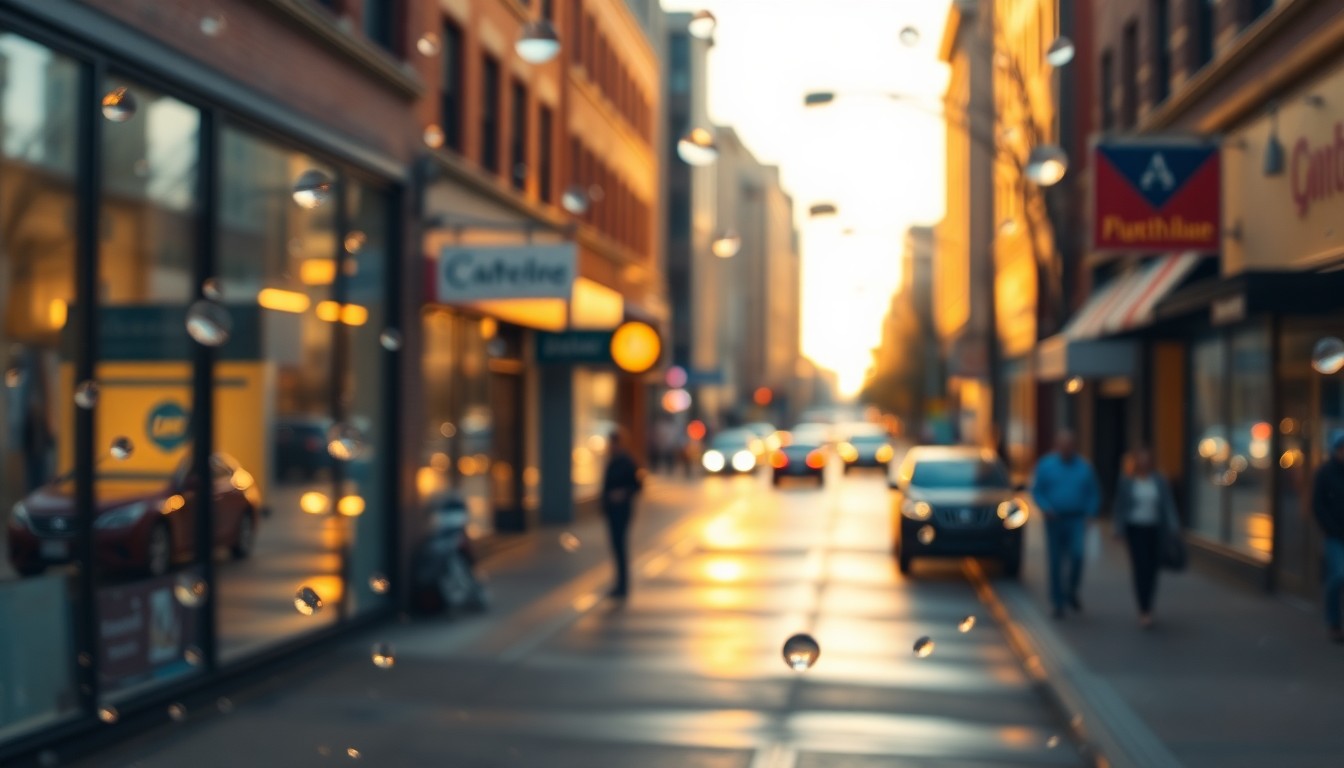 An abstract, impressionistic photograph of a busy city street, with blurred storefronts, pedestrians, and vehicles visible through a hazy, rain-streaked lens, creating a warm, inviting mood.