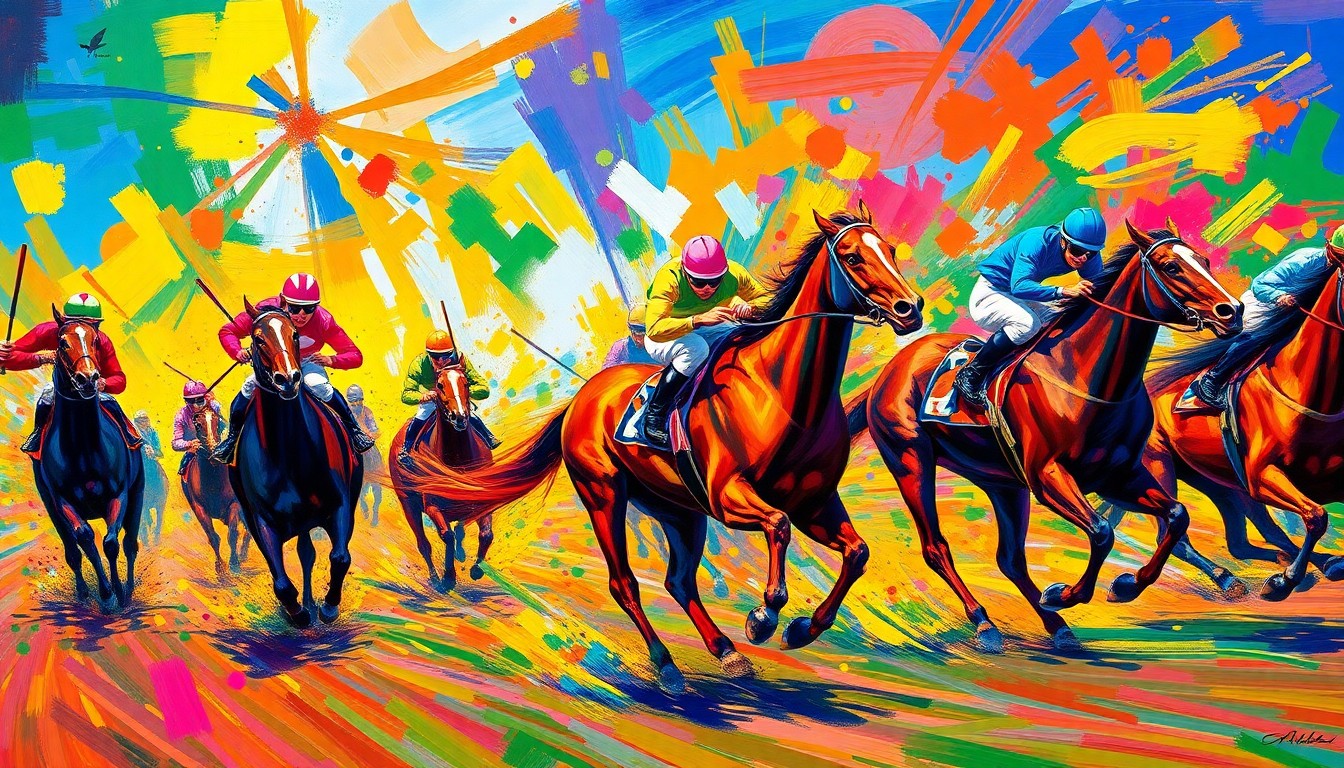 An abstract, energetic painting in neon colors depicting the motion and intensity of a horse race, with the jockey's silhouette and the racetrack blending into a vibrant, expressionistic composition.