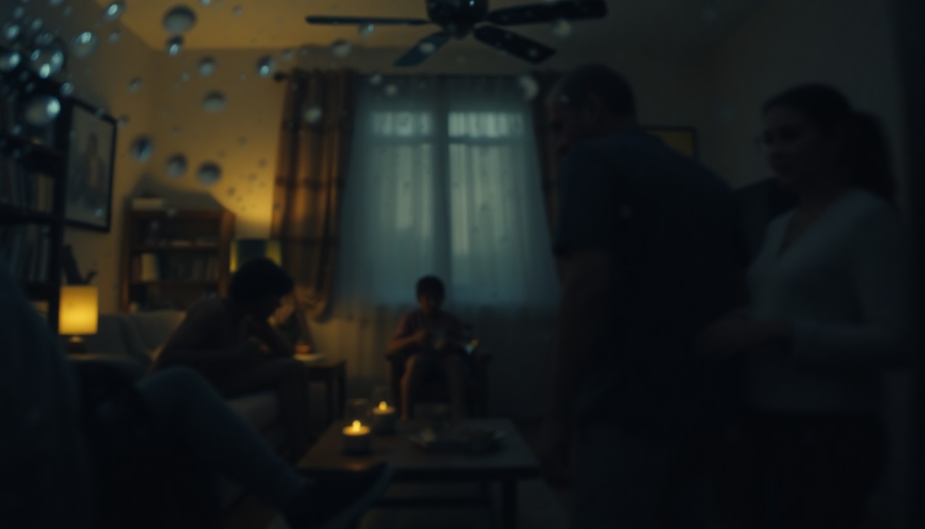 An extremely blurred, impressionistic photograph depicting the faint outlines of family members in a dimly lit living room, conveying a sense of intimacy and the emotional weight of fractured relationships.