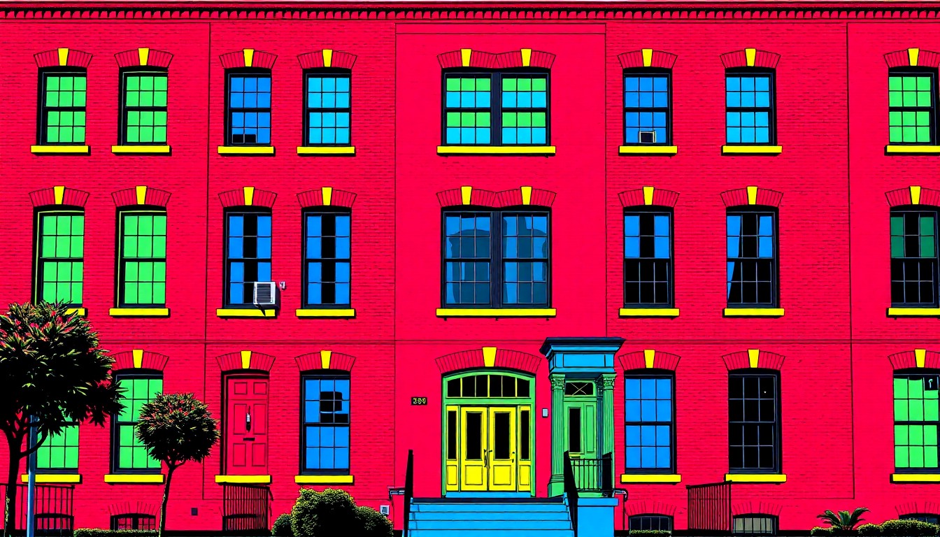 A bold, colorful silkscreen-style illustration featuring the iconic red-brick facade of the Marbury House repeated in a grid pattern, conceptually representing the home's storied history and enduring architectural significance.