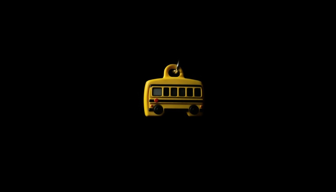 An extreme close-up photograph of a school bus key fob against a pitch-black background, lit by a harsh, direct camera flash, conceptually representing the serious investigation into a school bus driver's alleged misconduct.